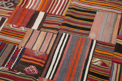 Handmade Area Rug - Red Patchwork Wool Cotton Carpet, Turkish Hand Knotted Vintage Style 6'8''x9'11''