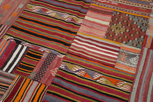 Handmade Area Rug - Red Patchwork Wool Cotton Carpet 6'7''x9'11'' Durable Vintage