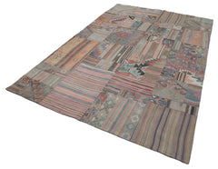 Handmade Area Rug – Beige Patchwork Design Wool Cotton Carpet 6'8"x9'10"