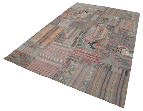 Handmade Area Rug – Beige Patchwork Design Wool Cotton Carpet 6'8"x9'10"