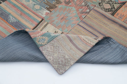 Handmade Area Rug – Beige Patchwork Design Wool Cotton Carpet 6'8"x9'10"