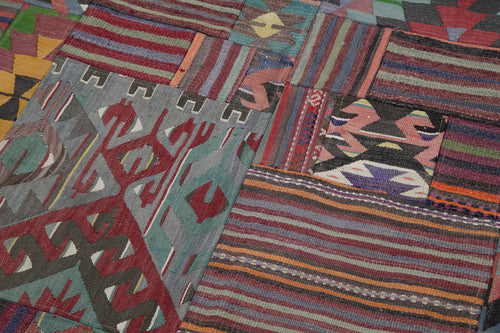 Kirk Yama Burgundy Patchwork Cotton Wool Handmade Area Rug 6'7'' x 9'10''