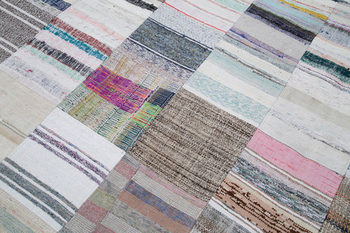 Handmade Area Rug - Kirk Yama Grey Patchwork Cotton Wool Vintage Carpet 9'11''x13'2''