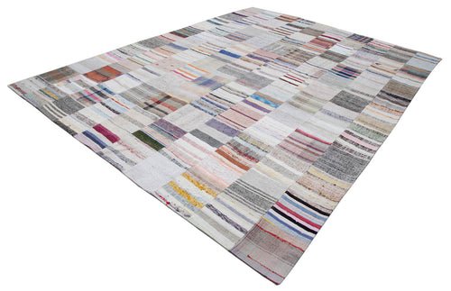 Handmade Area Rug – Grey Patchwork Cotton Wool Hand Knotted Vintage Carpet 10'x13'1''