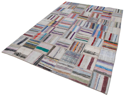 Handmade Area Rug - Grey Patchwork Cotton Wool Vintage Turkish Carpet 6'9''x9'9''
