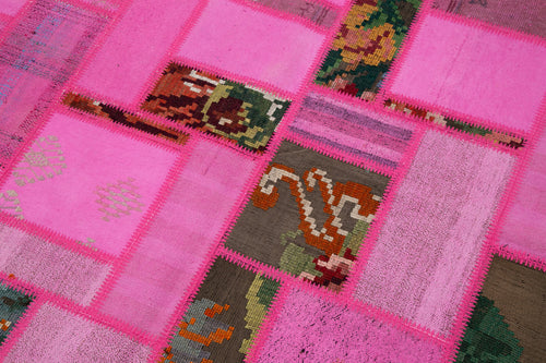 Handmade Area Rug - Pink Patchwork Cotton Wool Vintage Turkish Carpet 5'7''x7'9''