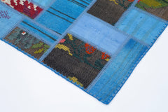 Handmade Area Rug - Blue Patchwork Cotton Wool Turkish Wool Carpet 5'6''x7'8''