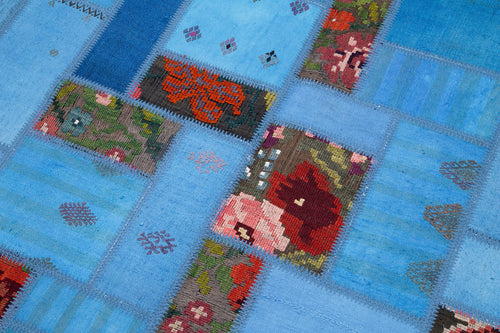 Handmade Area Rug - Blue Patchwork Cotton Wool Turkish Wool Carpet 5'6''x7'8''