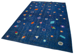 Handmade Area Rug - Blue Patchwork Cotton Wool Vintage Turkish Carpet 5'7''x8'11''