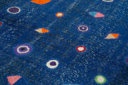 Handmade Area Rug - Blue Patchwork Cotton Wool Vintage Turkish Carpet 5'7''x8'11''