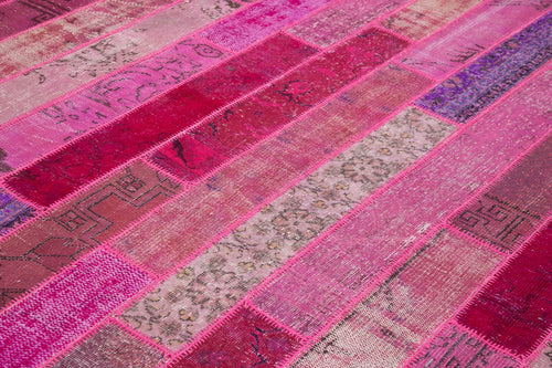 Handmade Area Rug – Pink Patchwork Wool & Cotton Vintage Turkish Carpet 8'3"x10'1"