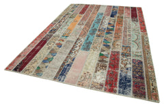 Handmade Area Rug - Grey Patchwork Cotton Wool Vintage Hand Knotted Carpet 6'9''x10'