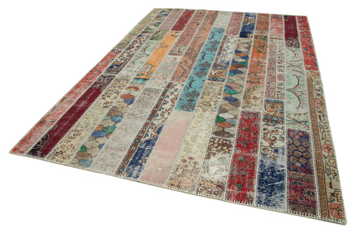 Handmade Area Rug - Grey Patchwork Cotton Wool Vintage Hand Knotted Carpet 6'9''x10'