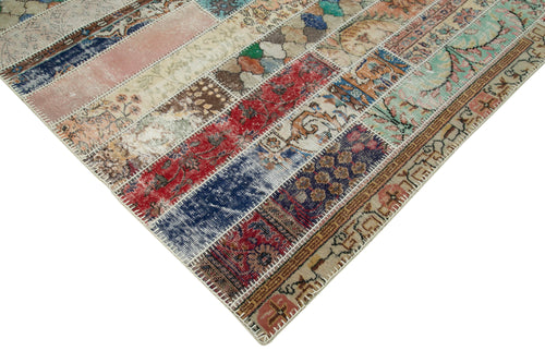 Handmade Area Rug - Grey Patchwork Cotton Wool Vintage Hand Knotted Carpet 6'9''x10'