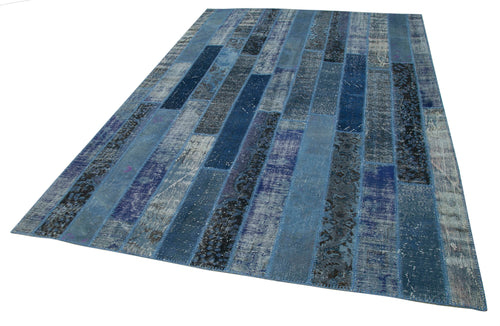Handmade Area Rug - Blue Patchwork Cotton Wool Vintage Turkish Carpet 6'9''x10'