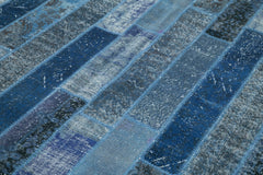 Handmade Area Rug - Blue Patchwork Cotton Wool Vintage Turkish Carpet 6'9''x10'