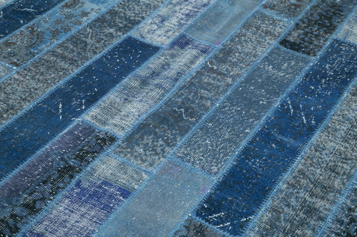 Handmade Area Rug - Blue Patchwork Cotton Wool Vintage Turkish Carpet 6'9''x10'