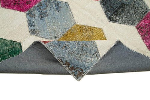 Handmade Area Rug - Grey Patchwork Vintage Handwoven Carpet 6'5"x9'5" Wool Cotton