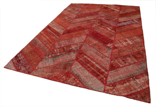 Handmade Area Rug – Red Patchwork Turkish Wool Cotton Carpet 6'8''x10'