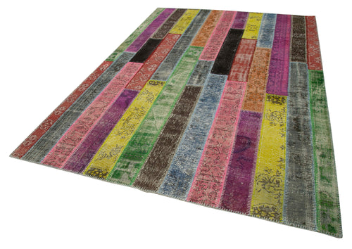 Handmade Area Rug - Grey Patchwork Turkish Wool Carpet 6'7"x9'10" Durable Cotton Blend