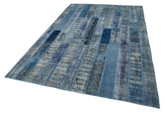 Kirk Yama Blue Patchwork Cotton Wool Handmade Area Rug 6'4'' x 9'10''