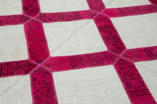 Handmade Area Rug – Pink Patchwork Rug Cotton Wool Vintage Turkish Carpet 6'6''x9'7''
