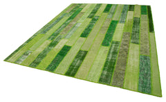 Handmade Area Rug - Green Patchwork Cotton Wool Vintage Handwoven Carpet 8'1" x 10'1"