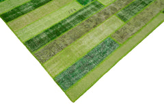 Handmade Area Rug - Green Patchwork Cotton Wool Vintage Handwoven Carpet 8'1" x 10'1"