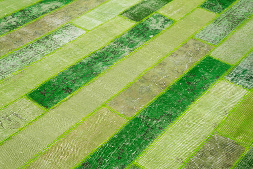 Handmade Area Rug - Green Patchwork Cotton Wool Vintage Handwoven Carpet 8'1" x 10'1"