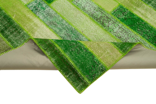 Handmade Area Rug - Green Patchwork Cotton Wool Vintage Handwoven Carpet 8'1" x 10'1"
