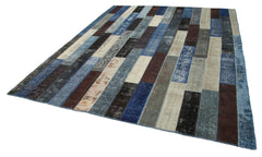 Handmade Area Rug – Black Patchwork Cotton Wool Vintage Hand Knotted Rug 8'2"x10'1"