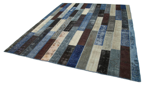 Handmade Area Rug – Black Patchwork Cotton Wool Vintage Hand Knotted Rug 8'2"x10'1"