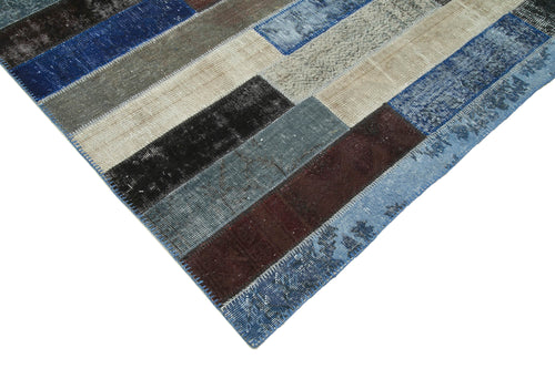 Handmade Area Rug – Black Patchwork Cotton Wool Vintage Hand Knotted Rug 8'2"x10'1"