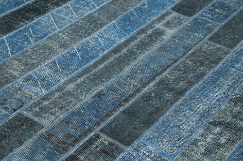 Handmade Area Rug – Blue Patchwork Cotton Wool Carpet 8'2'' x 10'1'' Durable Vintage