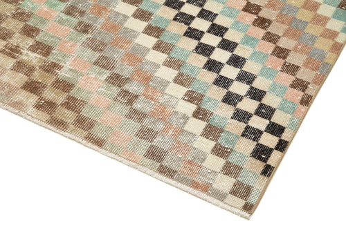 Checkered Runner Beige Geometric Cotton Wool Handmade Area Rug 4'8'' x 11'3''
