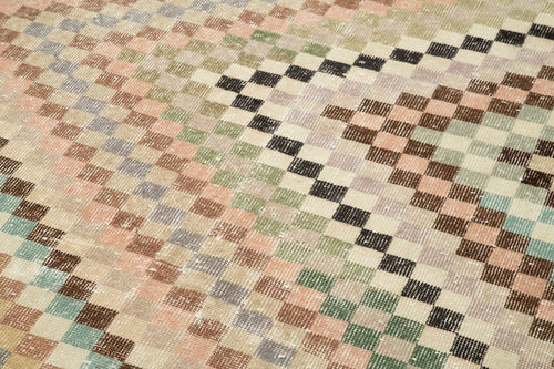Checkered Runner Beige Geometric Cotton Wool Handmade Area Rug 4'8'' x 11'3''