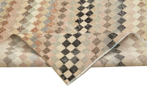 Checkered Runner Beige Geometric Cotton Wool Handmade Area Rug 4'8'' x 11'3''