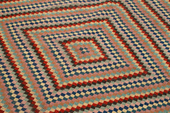 Checkered Runner White Geometric Cotton Wool Handmade Area Rug 4'1'' x 8'4''