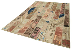 Handmade Area Rug - Kirk Yama Beige Patchwork Cotton Wool 6'8''x9'9'' Durable Blend