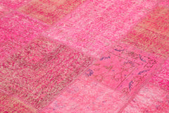 Handmade Area Rug - Pink Patchwork Cotton Wool Vintage Turkish Carpet 6'7''x9'10''