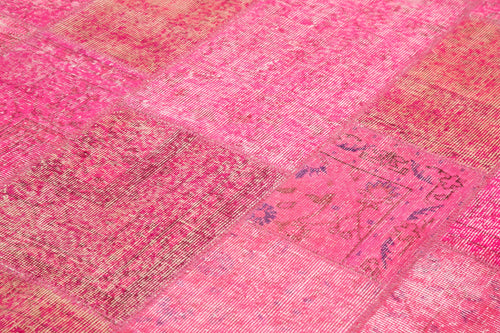 Handmade Area Rug - Pink Patchwork Cotton Wool Vintage Turkish Carpet 6'7''x9'10''