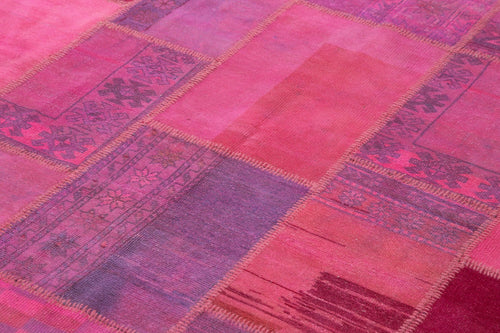Handmade Area Rug – Pink Patchwork Cotton Wool Vintage Turkish Carpet 6'10" x 10'0"