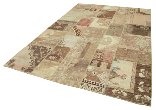 Handmade Area Rug - Beige Patchwork Cotton Wool Vintage Carpet 6'8'' x 9'11''