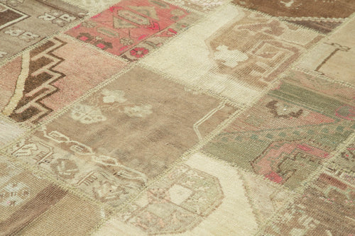 Handmade Area Rug - Beige Patchwork Cotton Wool Vintage Carpet 6'8'' x 9'11''