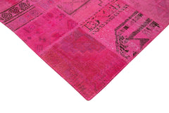 Handmade Area Rug - Pink Patchwork Cotton Wool Vintage Turkish Carpet 6'8''x9'11''