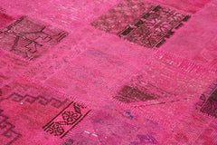Handmade Area Rug - Pink Patchwork Cotton Wool Vintage Turkish Carpet 6'8''x9'11''