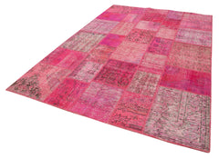 Handmade Area Rug - Pink Patchwork Cotton Wool Vintage Handwoven Carpet 6'9''x9'10''