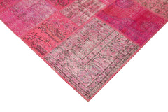 Handmade Area Rug - Pink Patchwork Cotton Wool Vintage Handwoven Carpet 6'9''x9'10''