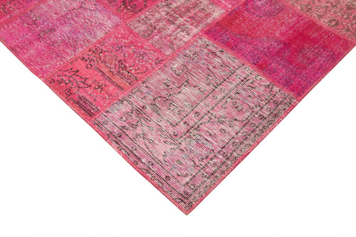 Handmade Area Rug - Pink Patchwork Cotton Wool Vintage Handwoven Carpet 6'9''x9'10''