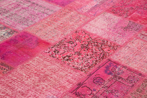 Handmade Area Rug - Pink Patchwork Cotton Wool Vintage Handwoven Carpet 6'9''x9'10''